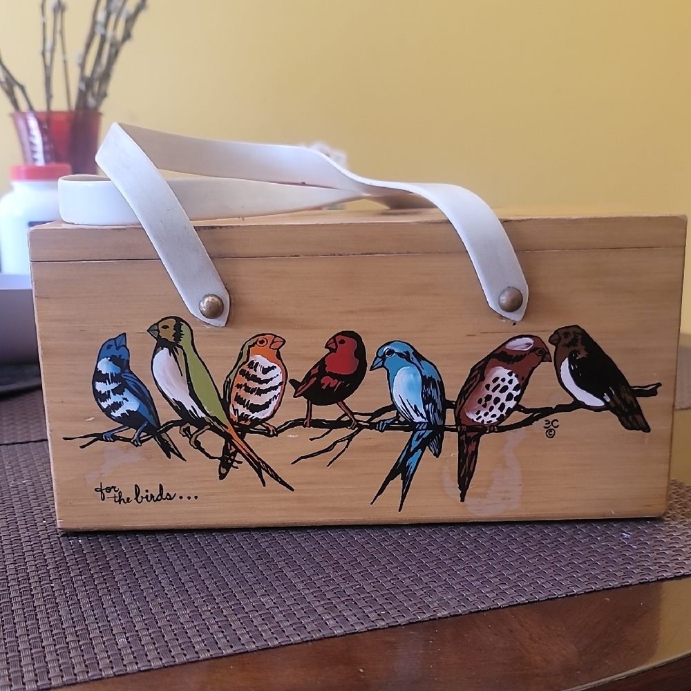Colorful Bird Design Wooden Handbag
